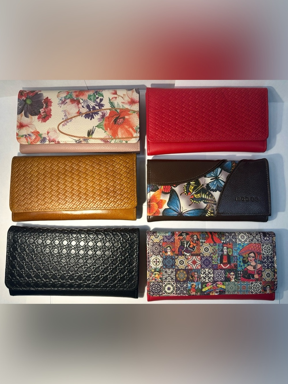 Women's Floral & Woven Wallet Set - Red, Pink, Mustard, Brown, Black